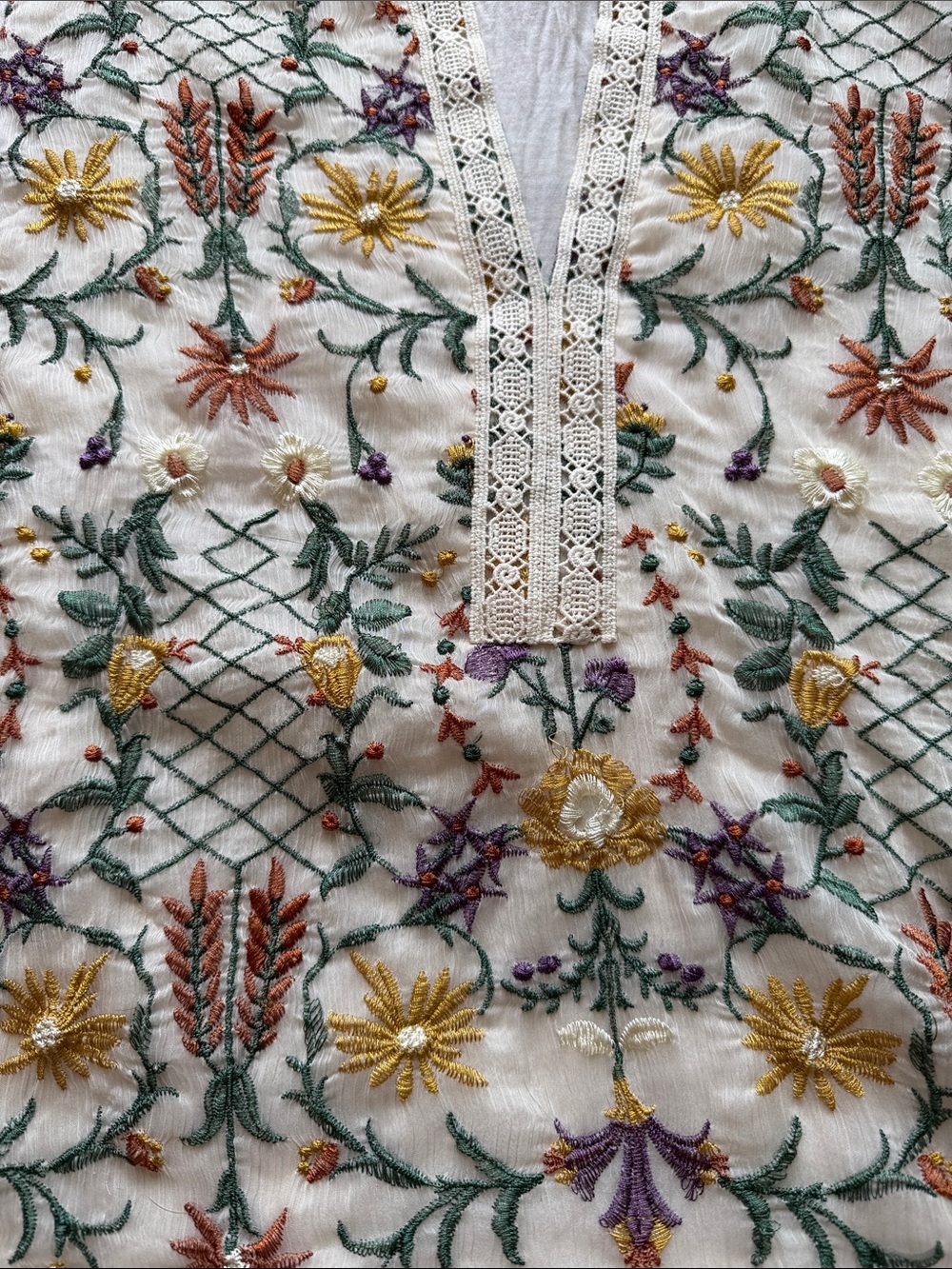 Embroidered Floral Cotton Tunic in White with Multi-Color Accents